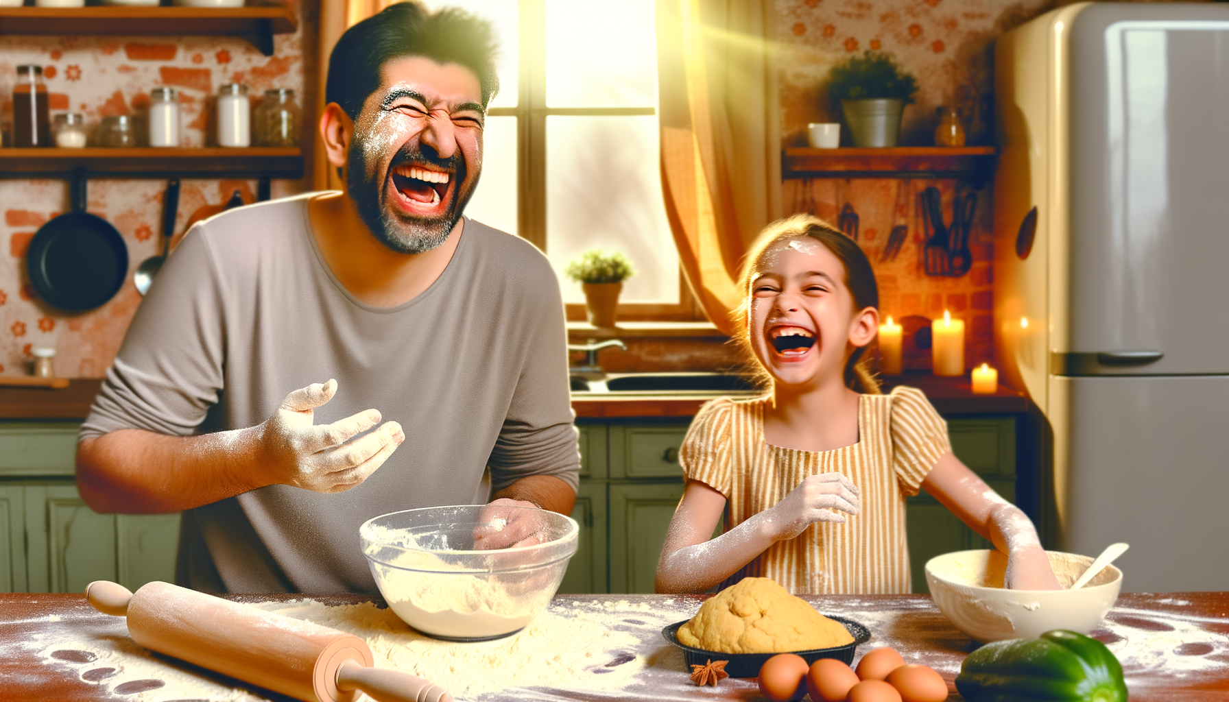 Parent and child laughing together while baking, with flour on their faces in a warm, lived-in kitchen